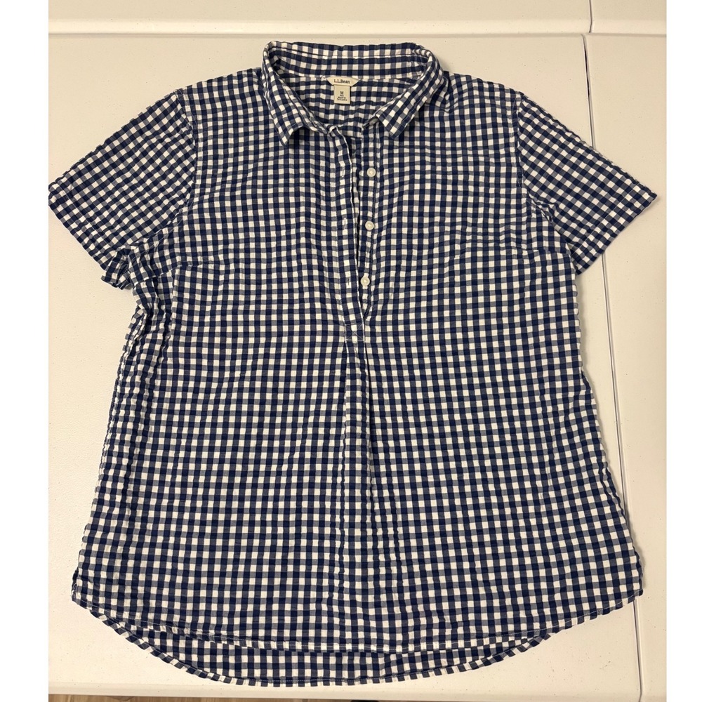 LL Bean Navy Blue White Gingham Plaid Cotton Short Sleeve Button Up Shirt M g5
